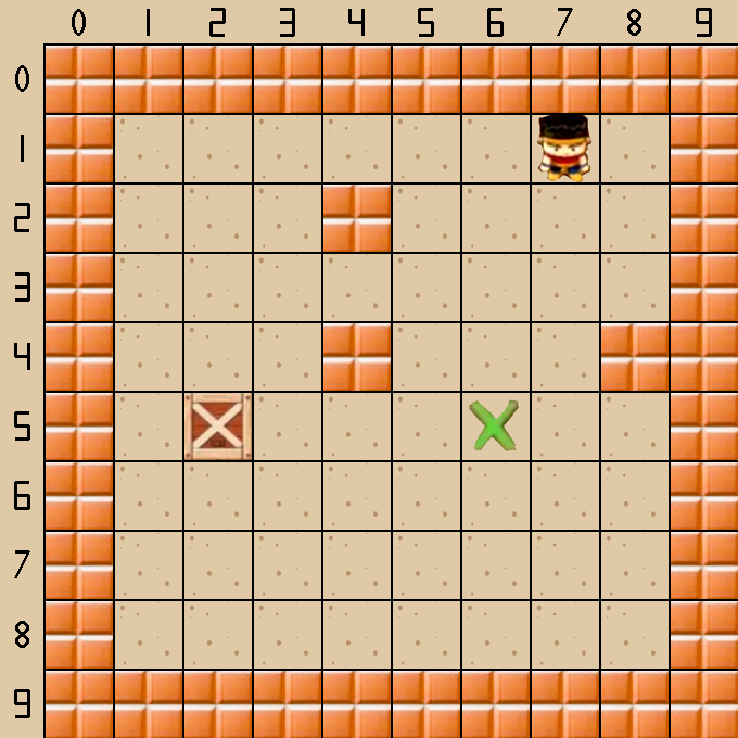 Sokoban grid example used for visual planning evaluation.